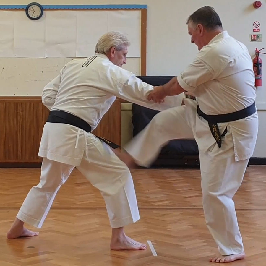 Tori delivers a short kick while maintaining arm pressure