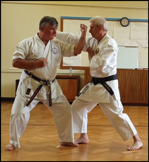 Ippon Kumite No.1 in Wadō-Ryū Karate showing jodan age uke, uraken, gyaku zuki, and centre disruption
