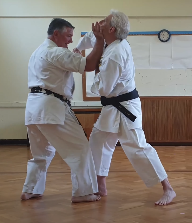 Tori applies wrist lock and Empi to Chūdan while still controlling Uke's head