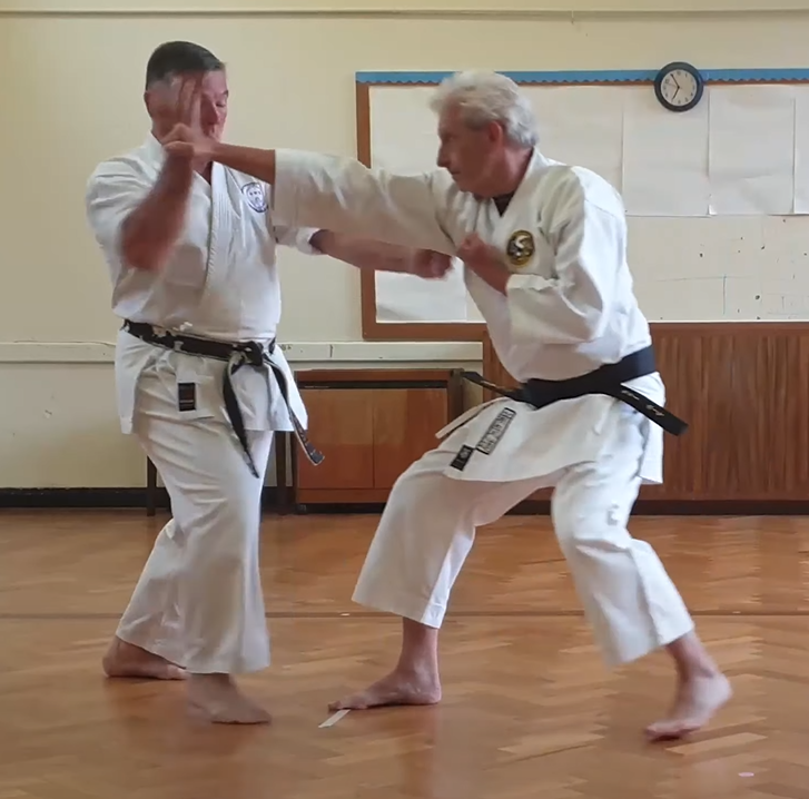 Uke attacks with Okuri Ashi Jōdan Zuki while Tori receives with Jōdan Naiwan Uke and counters with Chūdan Gyaku Zuki